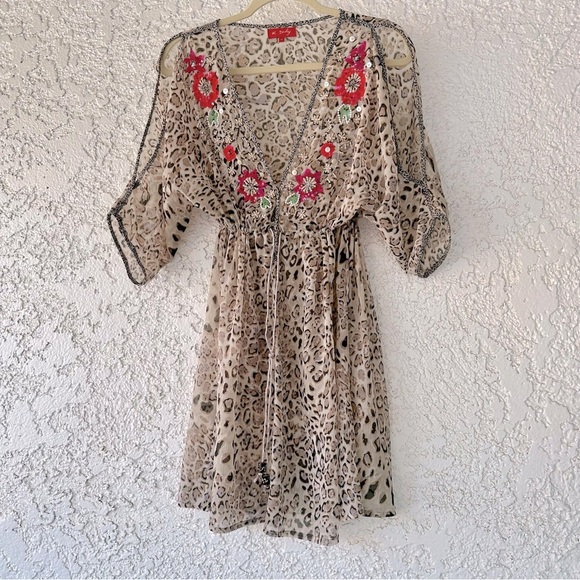 DEHRY PARIS sheer boho cheetah embellished dress coverup M - Picture 6 of 13